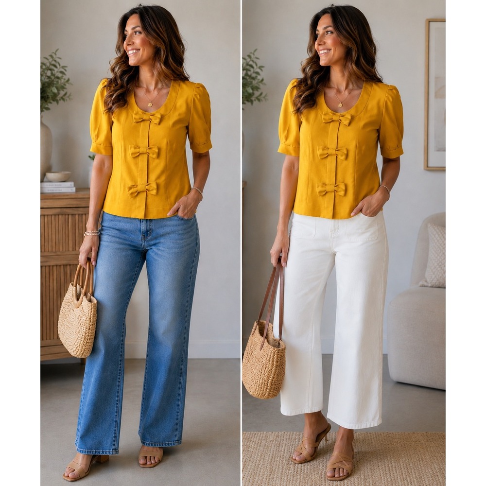 Albert Nipon Mustard Linen Blend Bow Front Puff Sleeve Jacket Blazer Size 4